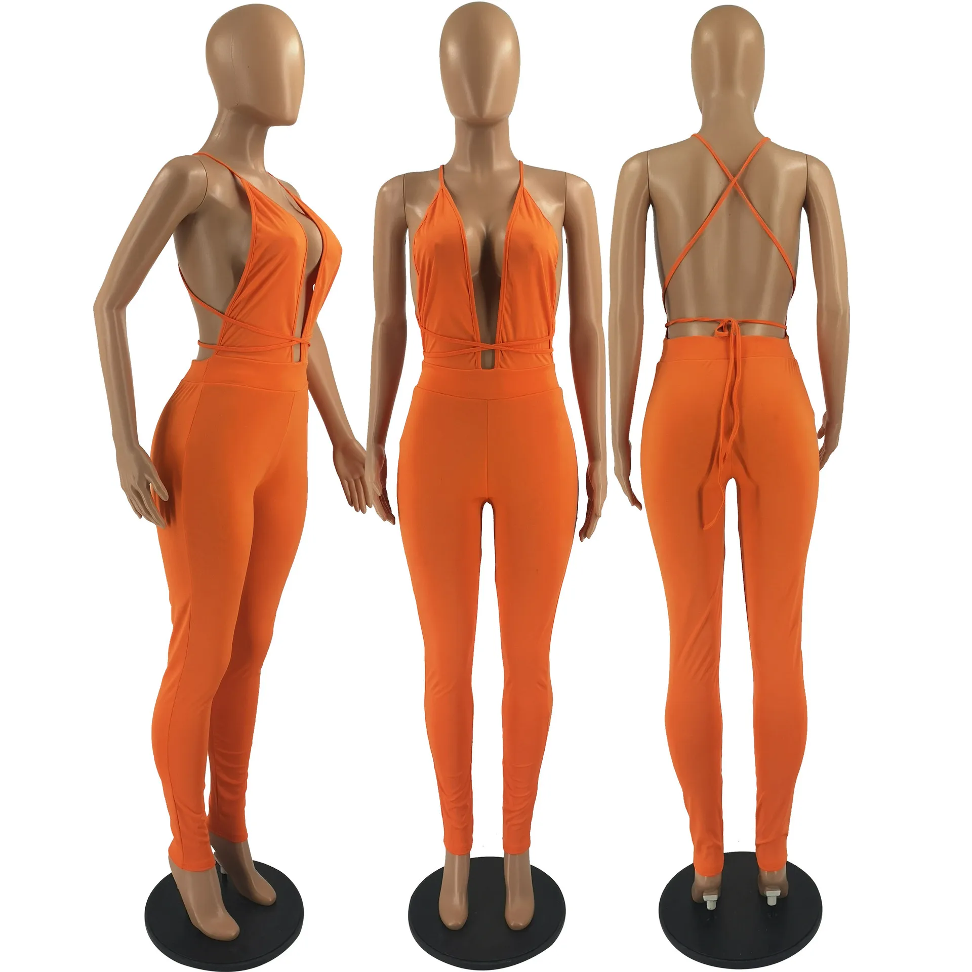 Женский комбинезон с лямкой на шее однотонный Длинный открытой спиной женский