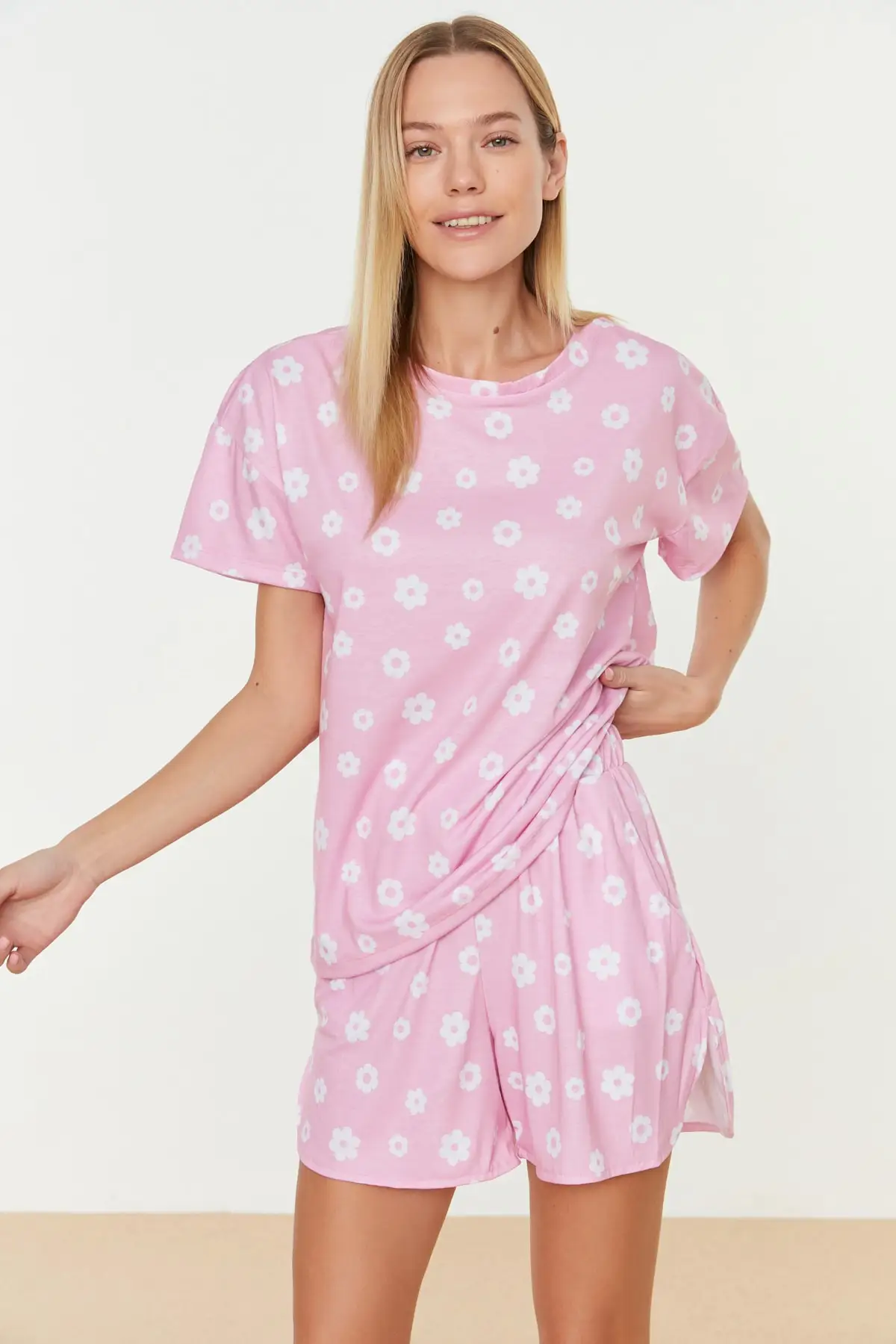 

Women's Pajamas Pink Floral Knitted Sleep Lounge Pajamas Nightwear Sleepwear Night Suit Casual Home Clothing