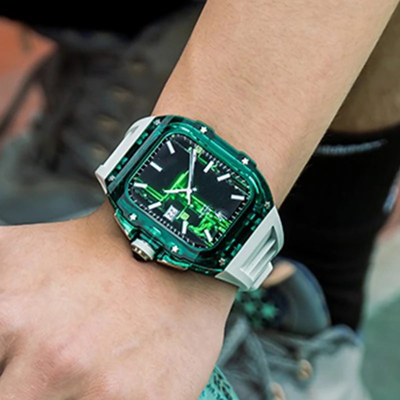 Senior Transparent Mod Kit Case For Apple Watch 45MM 44MM Fluororubber Band For iWatch Series Ultra 8 7 6 5 4 SE Silicone Strap