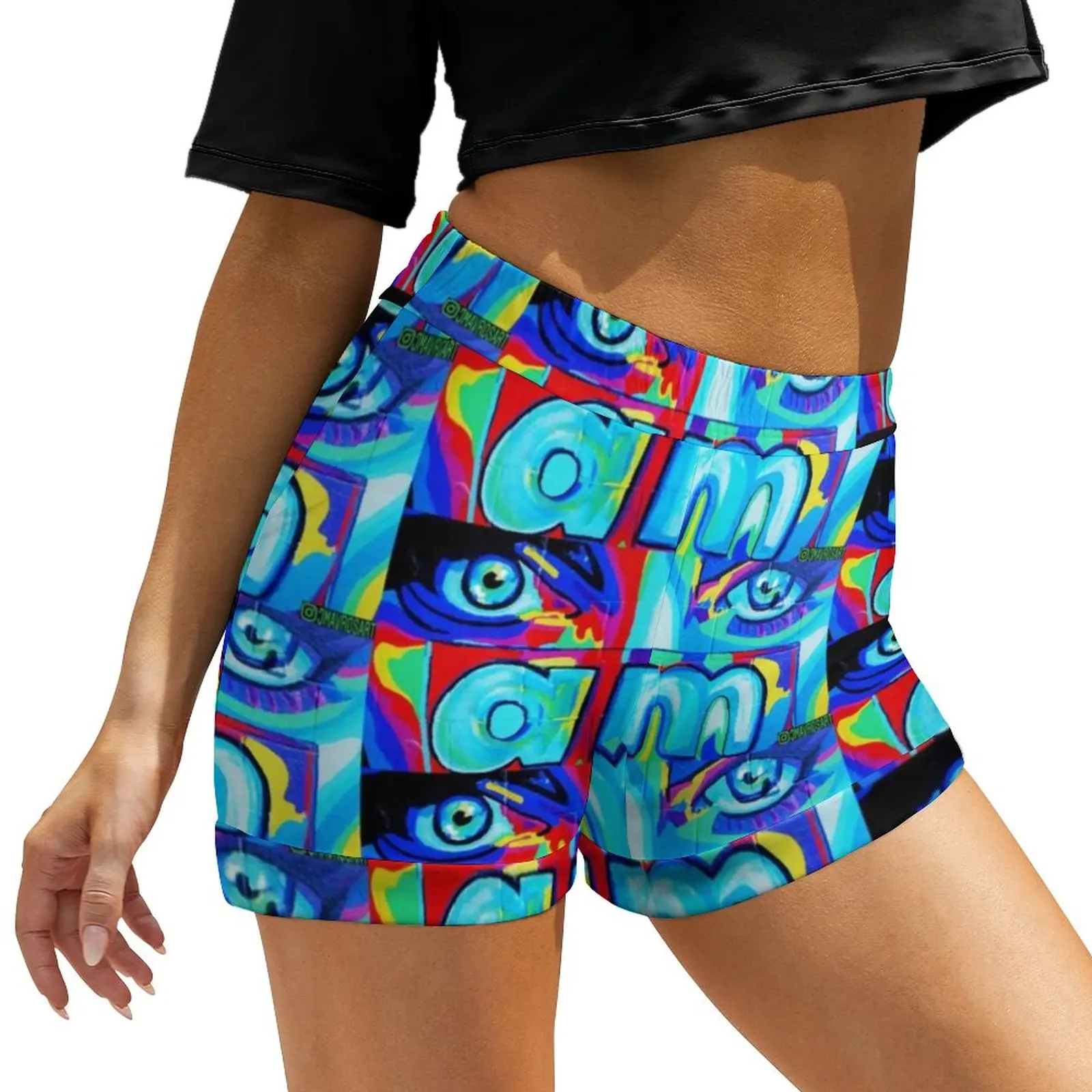 

I AM Eye Graffiti Shorts Elastic High Waist Painted Eyes Art Print Shorts Summer Cute Oversize Short Pants Streetwear Bottoms