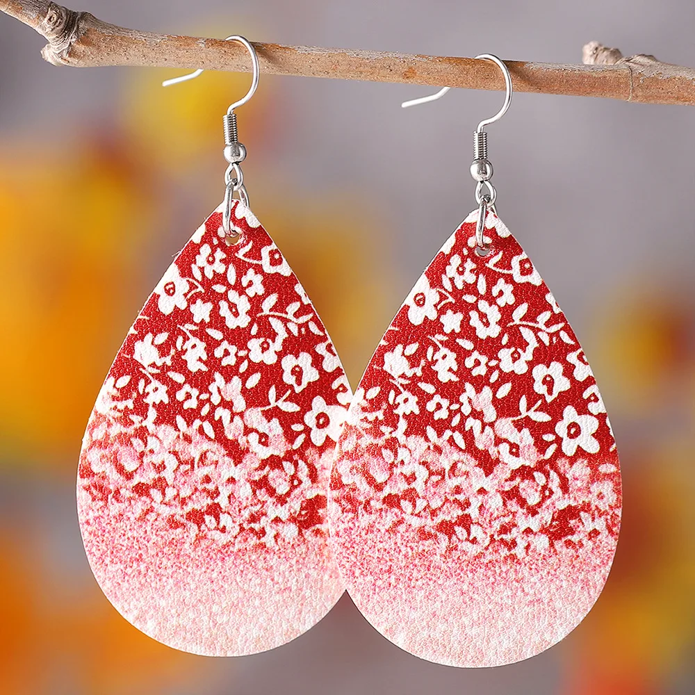 

New Red Gradient Leopard Flower Earrings with Double sided PU Leather Drops Earrings For Women Jewelry Wholesale