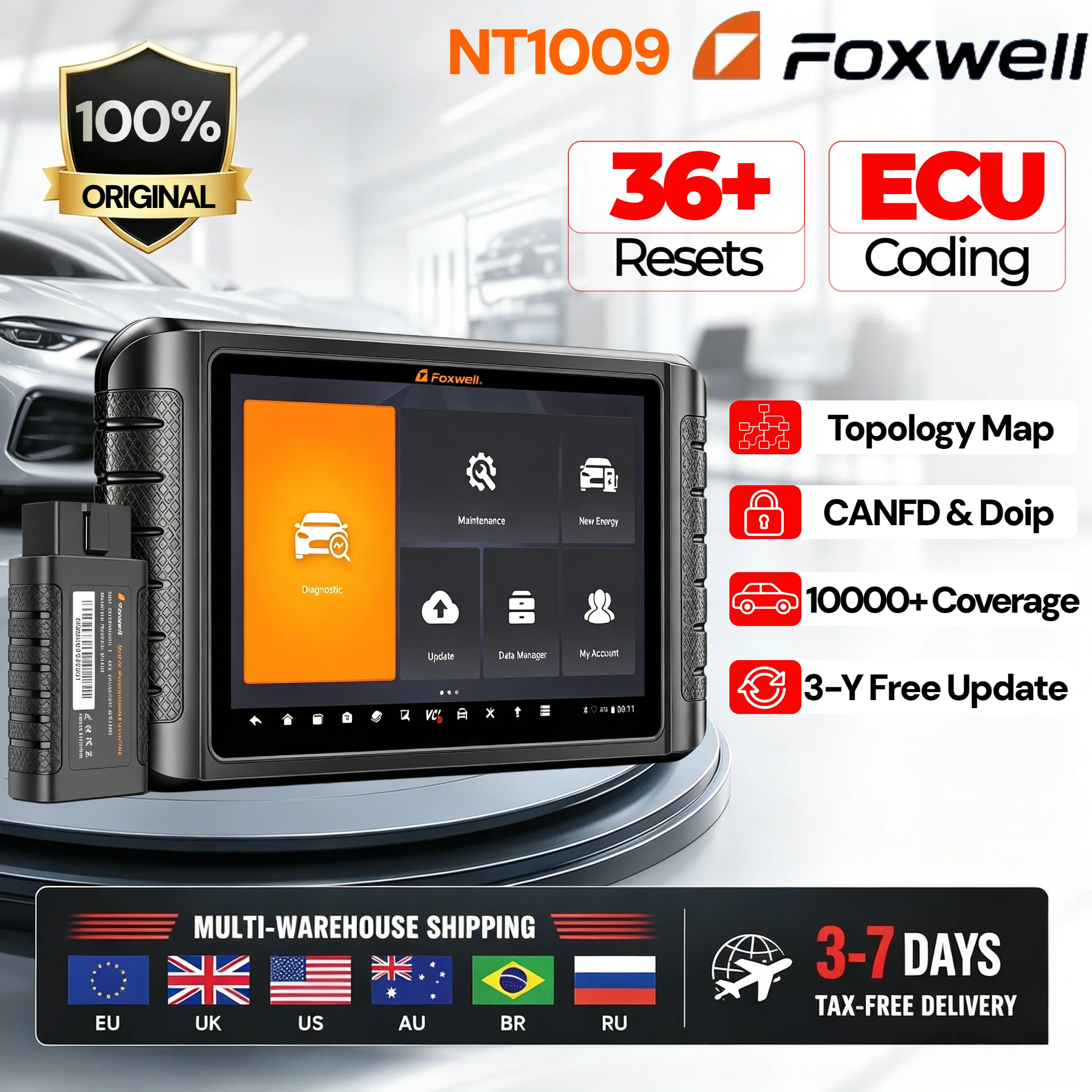 Фото Диагностический сканер FOXWELL NT1009 BT OBD2 с картой топологии 2026, 36+ функциями сброса, кодированием ЭБУ, двунаправленной связью CAN FD и DoIP, полная диагностика всех систем №1