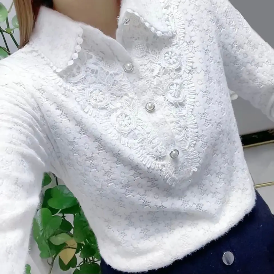 Spring Fashion Lace White Blouse Ladies Long Sleeve Chic Elegant Loose Blouse Women Simple All-match Solid Tops Female Clothes