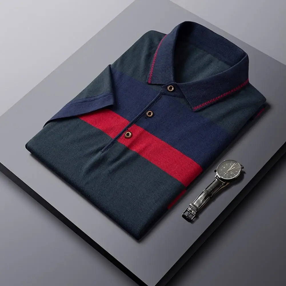

Men Lapel Shirt Short Sleeve Button Quick-dry Slim Fit Striped Printed Casual Button Blouse for Party Male Clothing