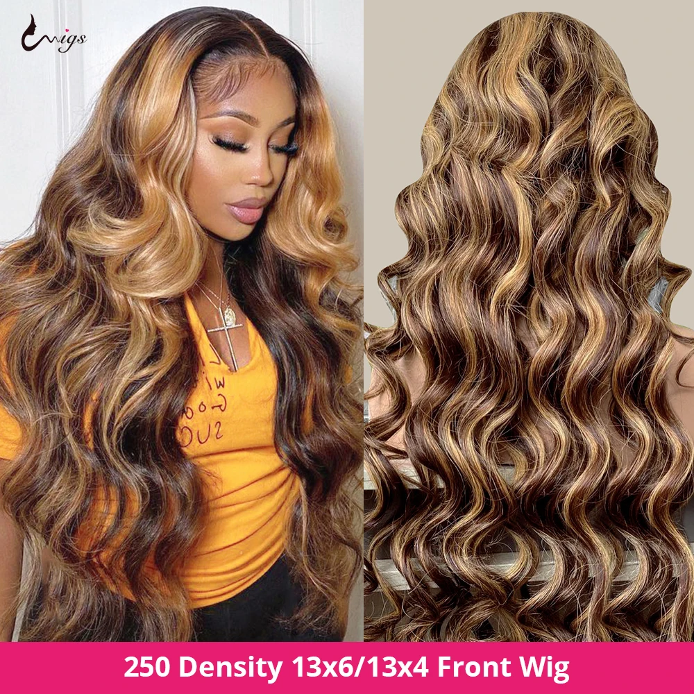 250 Density 13x6 Highlight Wig Human Hair HD Body Wave Lace Front Human Hair Wigs Brazilian Remy 13x4 Lace Frontal Wig For Women