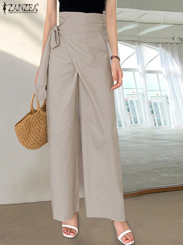 

Summer Women OL Work Wide Leg Trousers 2022 ZANZEA Stylish High Waist Lace Up Long Pants Elegant Solid Casual Palazzo Pantalon