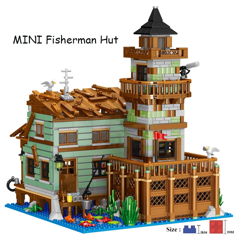 

MOC Creative MINI Fisherman Cabin House Building Block Idea Street View Fishing Hut Model Bricks Assenbly Boys Kids Toys Gifts