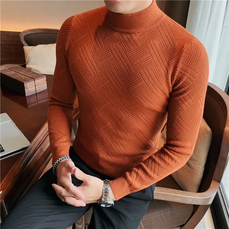 

Korean Style Men Winter Plaid Tight Pullover/Male Slim Fit Fashion Casual Knit Sweater Men's Long-sleeved High collar Sweater