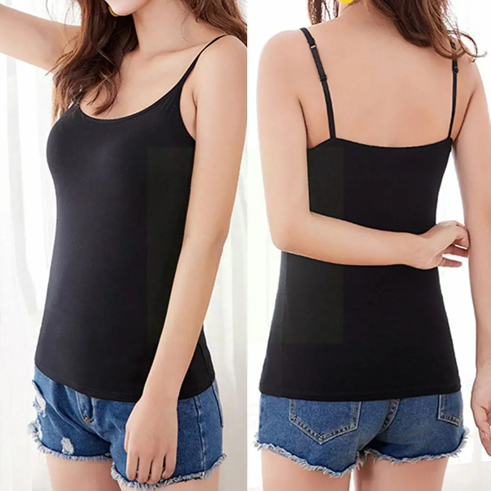 

Camis With Built In Shelf Bra Adjustable Strap Women T-shirt Tanks Pad Basic Chest Camus Long Cotton Summer Top Layering D8w0