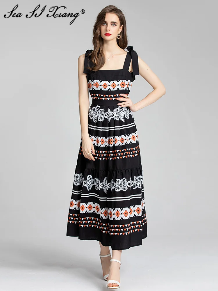 

Seasixiang Fashion Designer Summer Dress Women Bow Spaghetti Strap Backless Sleeveless Geometric Print Vintage Long Dresses