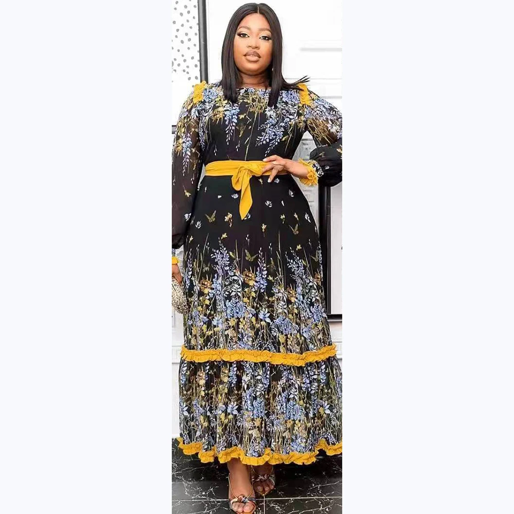 Женское платье с круглым вырезом длинным рукавом и цветочным принтом |