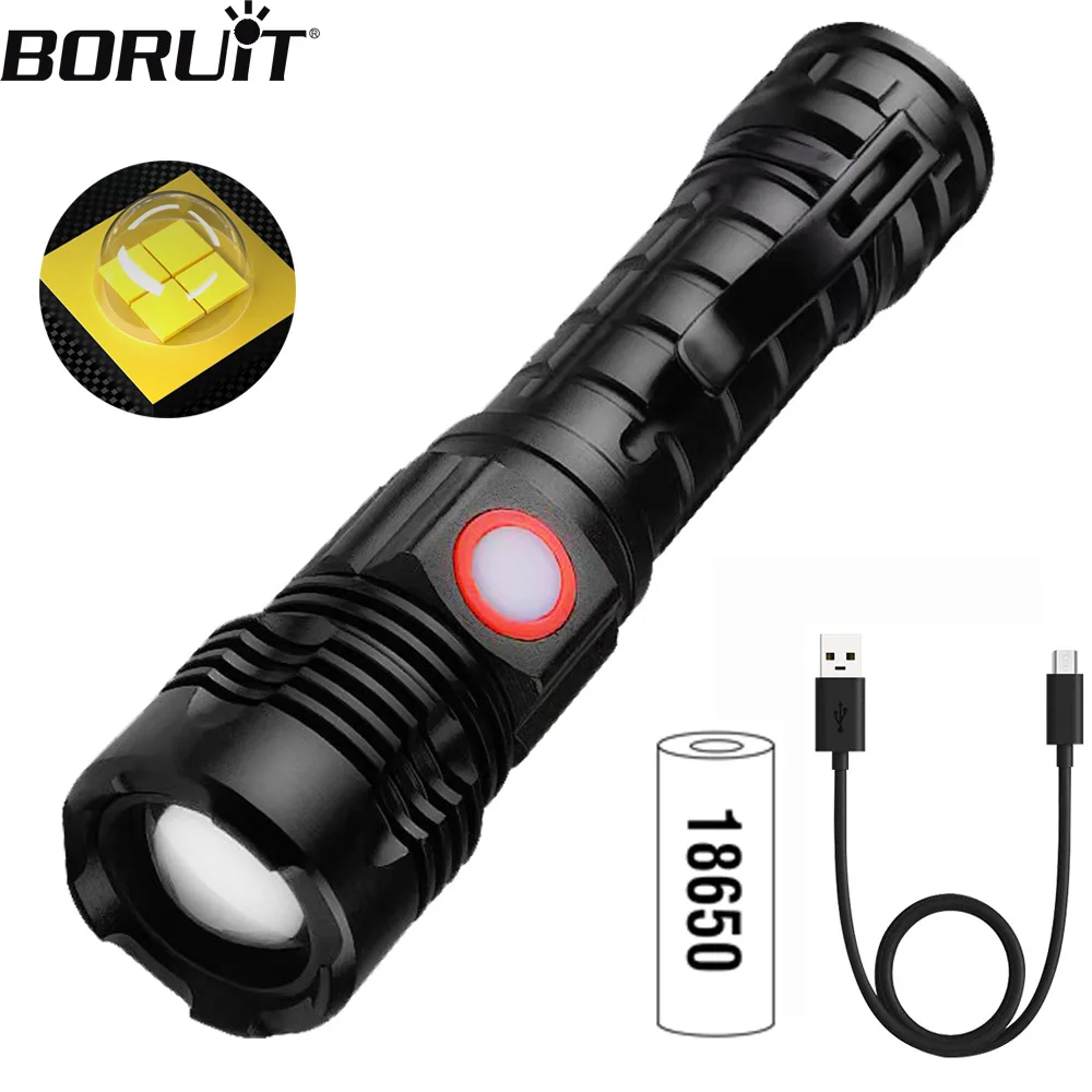 BORUiT High Power Led Flashlights 5 Lighting Modes Powerful Torch USB  Rechargeable Zoomable Self-defense Torch Camping Lantern