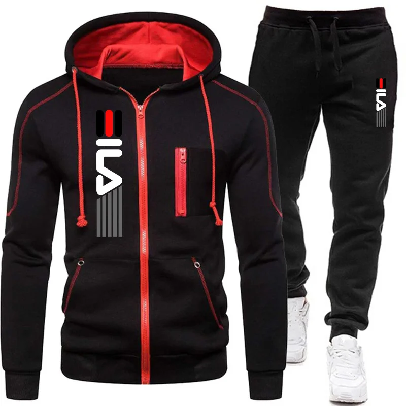 

Casual Print Tracksuit Men ded Zipper Jacket+Black Sweatpants Fashion Two Pieces Set Solid Color Workout Jogging Sports Suits