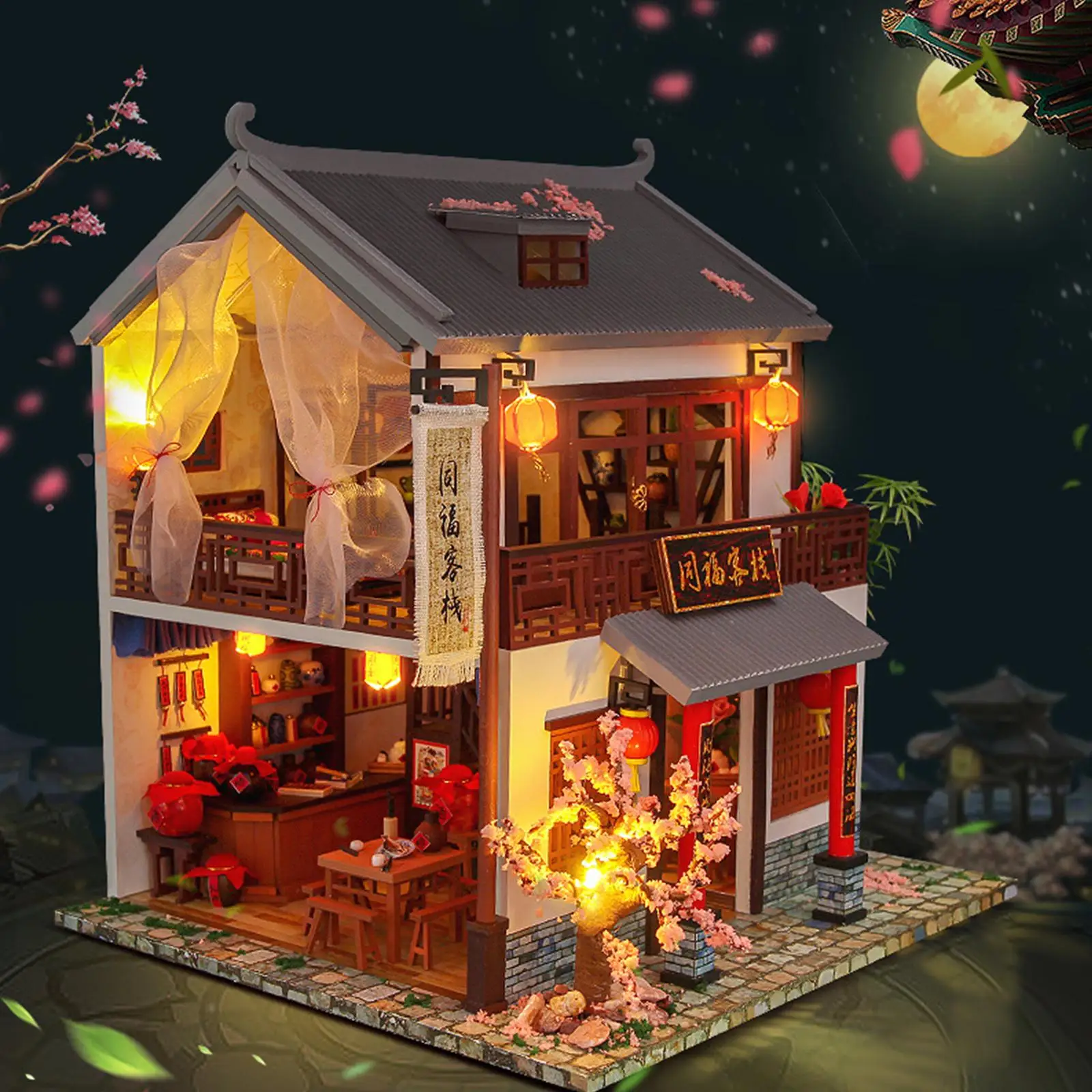 

Kids Toys Dollhouse Kit with LED Lights Handmade Wooden Miniature Doll House