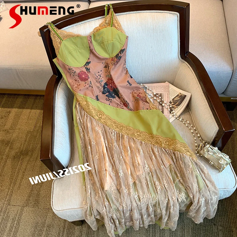 

French Multicolor Printing Strapless Slip Dresses Ladies 2022 Summer New Graceful Waist Slimming Birthday Mid Dress for Women
