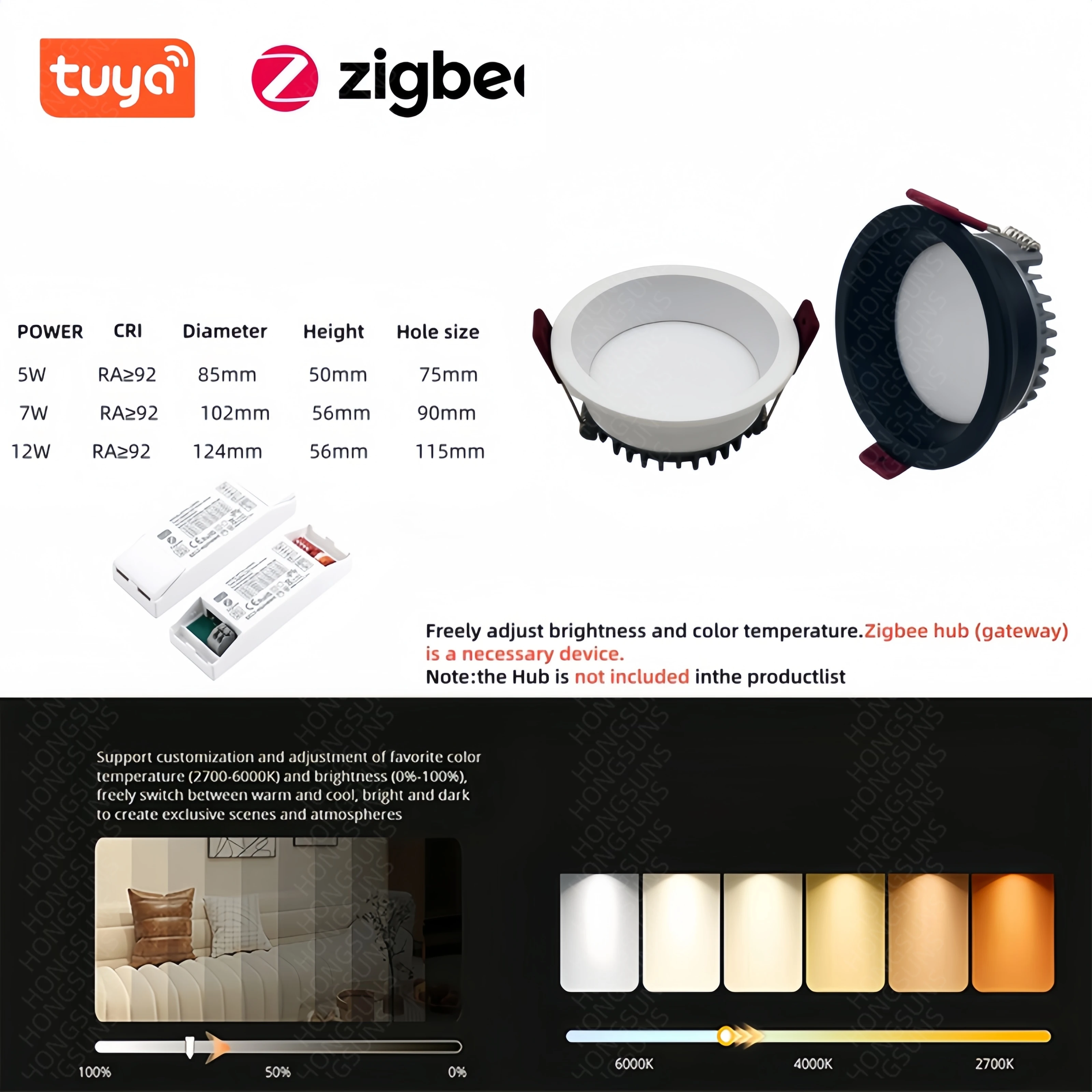 Фото Умный светодиодный встраиваемый светильник Tuya Zigbee DALI с защитой от бликов, 3 режима цветовой температуры, черный/белый, 110/220В, диммируемый, для потолка, спальни, кухни №3