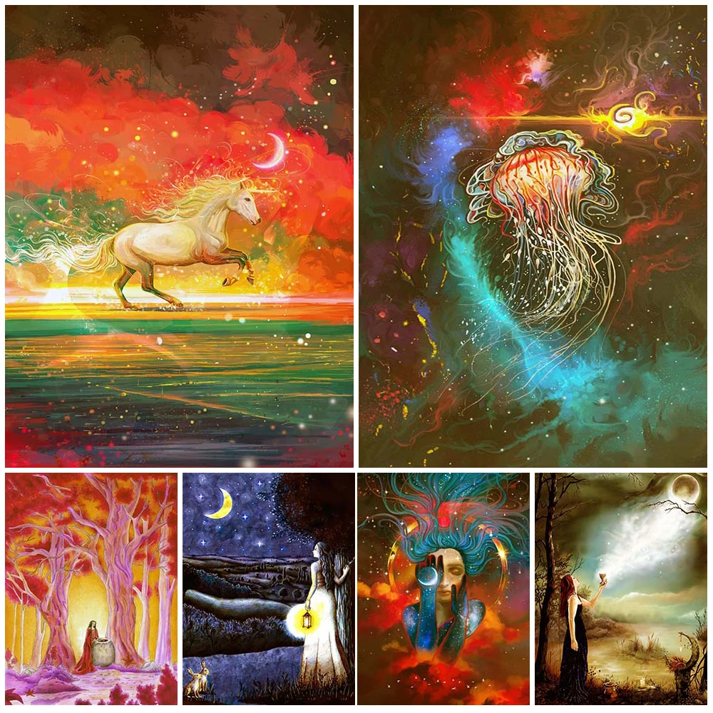 

Moon Goddess And Priestess Wicca Decor Art Poster Prints Dream Jellyfish And Unicorn Vintage Wall Art Canvas Painting Unframed