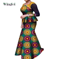 fashionable women 2 pieces set african print skirt and top ankara dashiki lady clothes for party wear boat neck wy7657