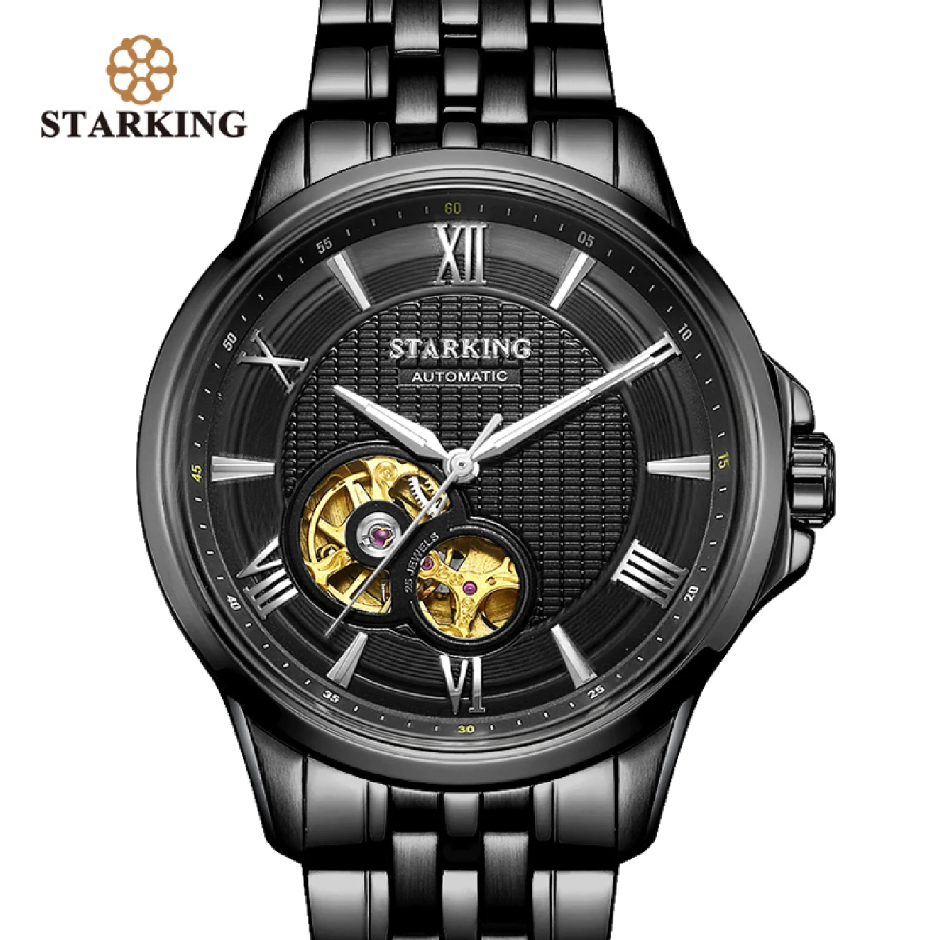 

STARKING Men Skeleton Automatic Mechanical Watches Stainless Steel Sapphire Crystal Wrist Watch Full Black Hollow relojes hombre