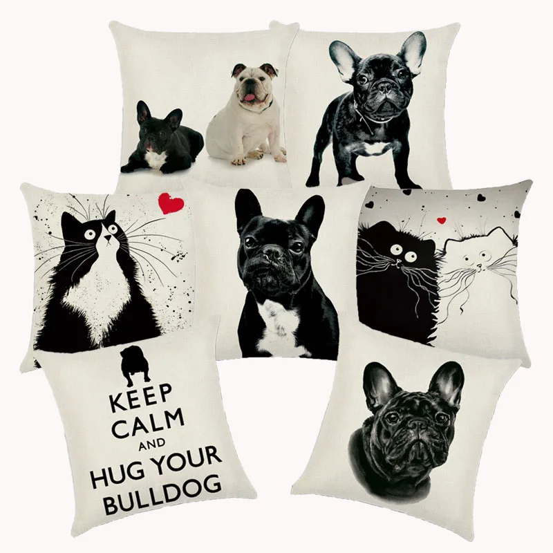 

French Bulldog Cushion Cover Cotton Linen Cute Dog Decorative Cushions for Sofa Home Decoration Pillow Case 45*45cm