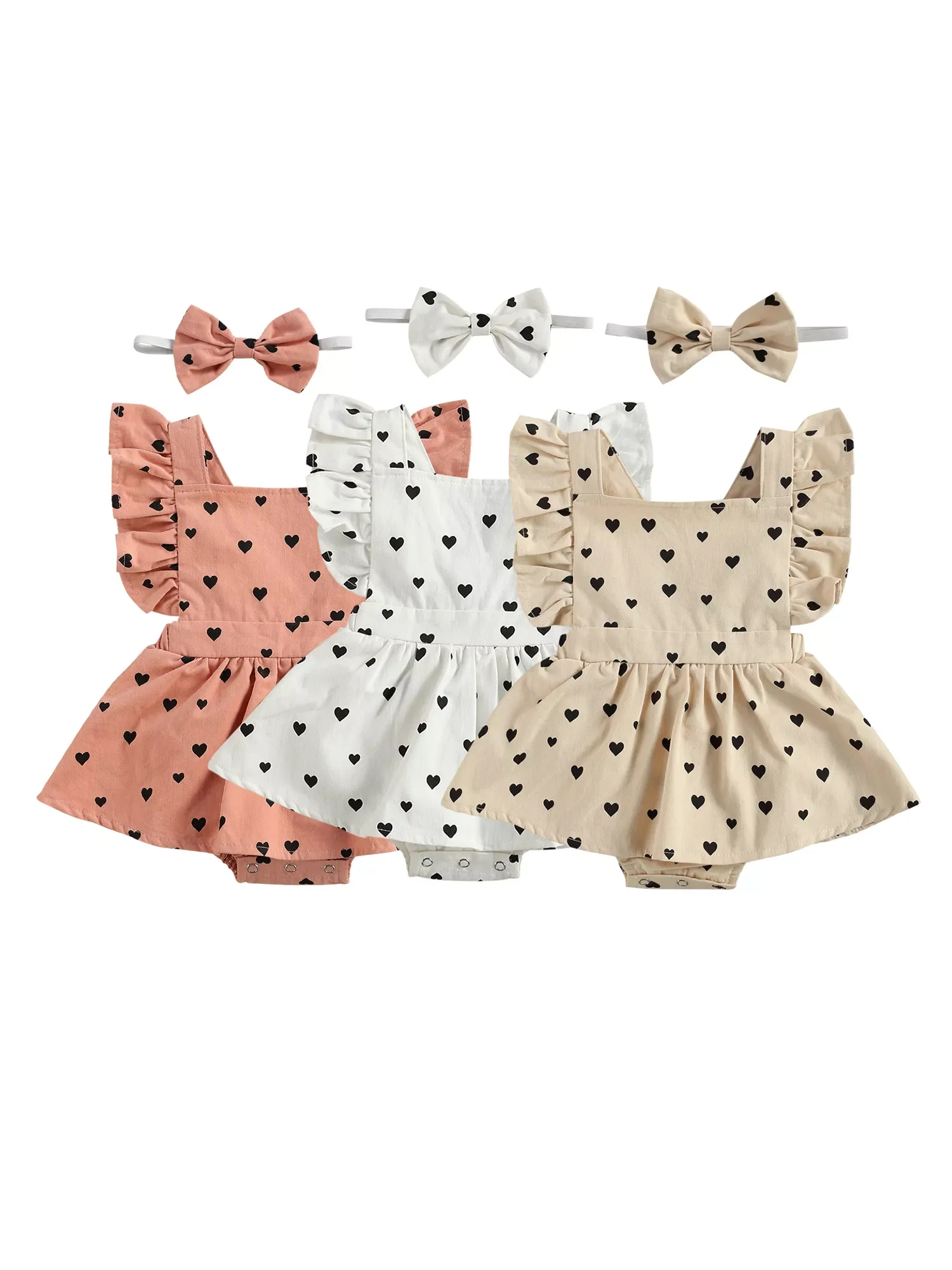 

Infant Newborn Baby Girls Hearts Bodysuits Dress Ruffled Jumpsuits Headband Summer Outfits