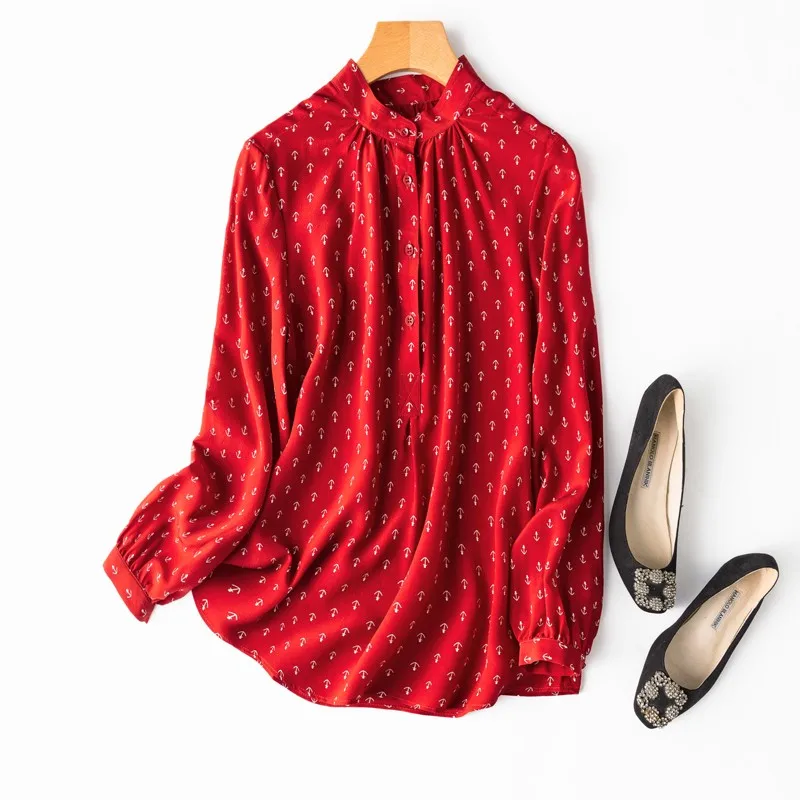 

Natural Silk Women Shirt STAND COLLAR Vintage Print Button Up Shirt Blusas Mujer De Moda 2022 Verano Elegantes