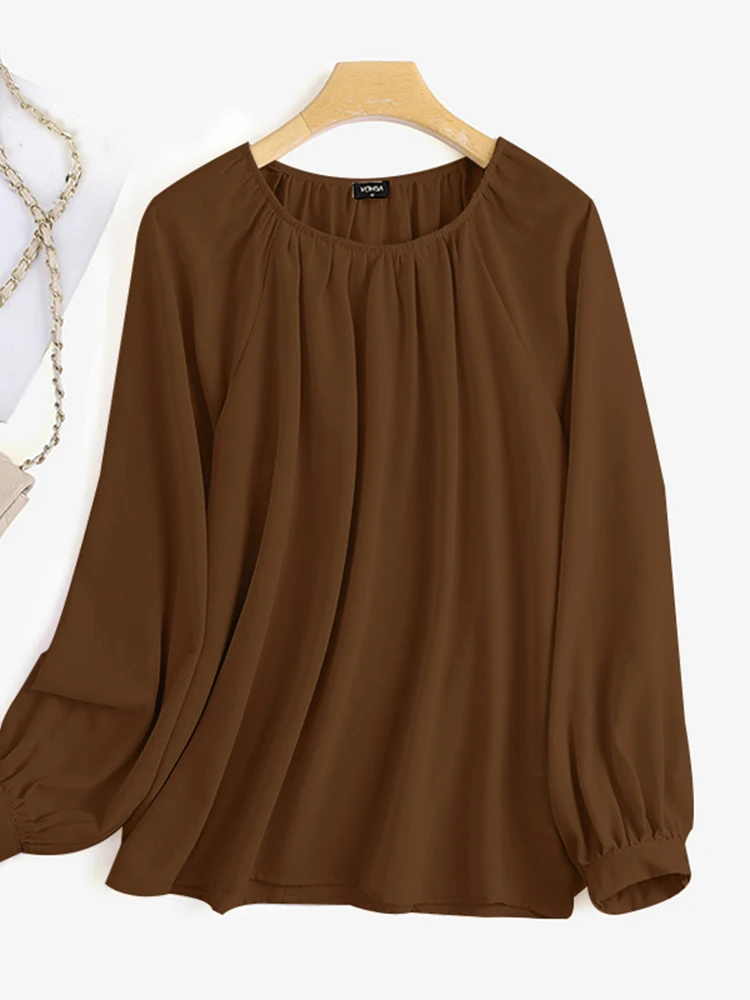 

Autumn Spring O Neck Solid Blouse VONDA 2022 Winter Loose Retro Chiffon Long Sleeve Pleated Tops Bohemian Blusas Femininas