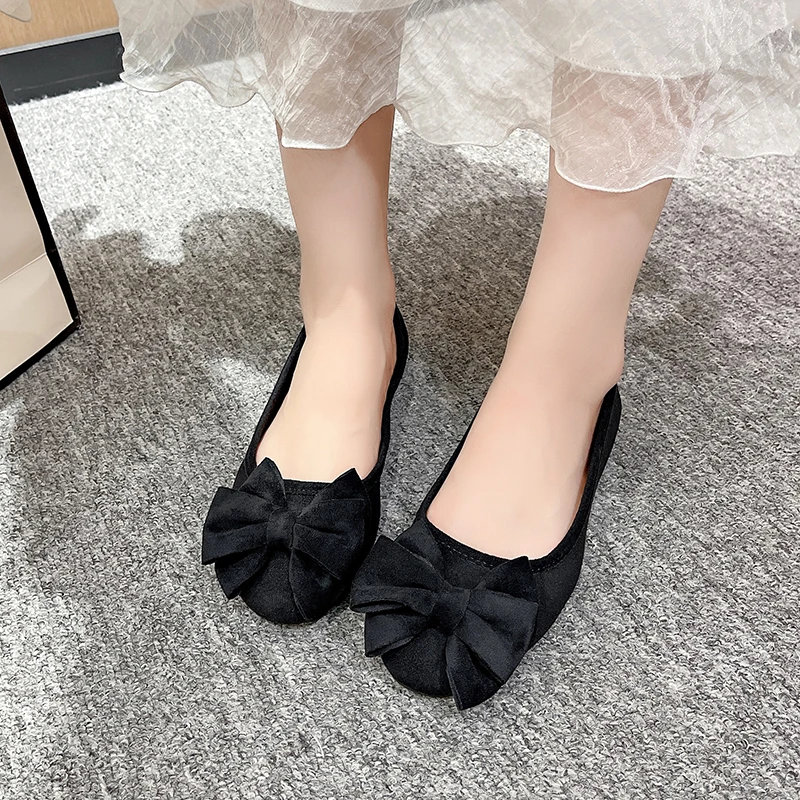 Женские флоковые туфли на плоской подошве с круглым носком большим бантом