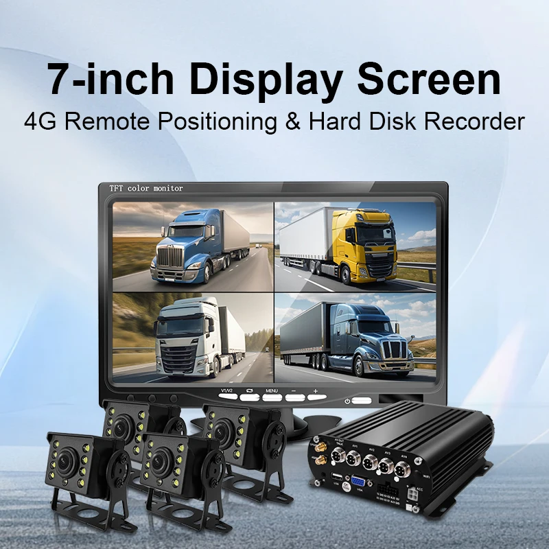 Фото Комплект MDVR с 4/8 каналами, 4G и Wi-Fi для удаленного управления автопарком грузовиков, 7-дюймовый экран с 4 водонепроницаемыми камерами для видеорегистратора №2