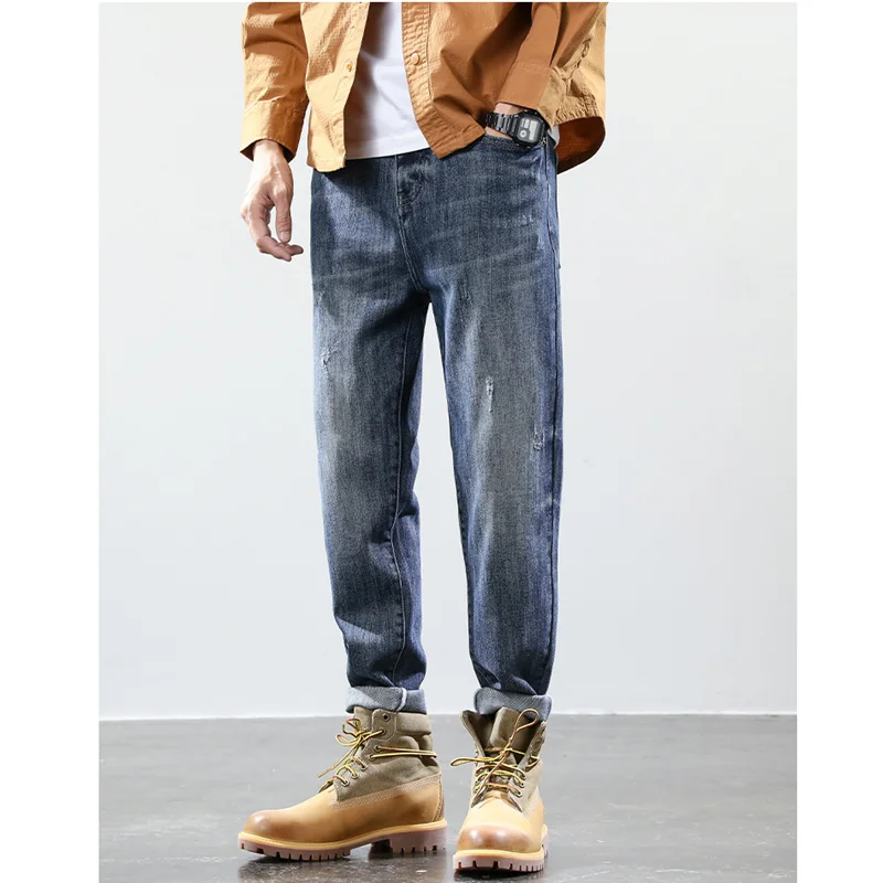 Streetwear Men 2022 New Style Pattern Large Jeans Loose Recreational Straight Cylinder Blue Temperament Trousers Autumn Female