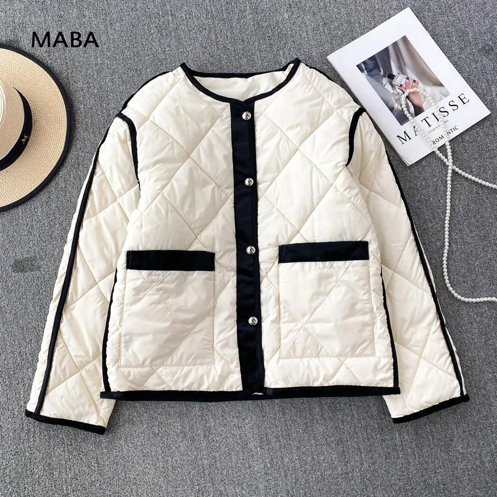 

Женская куртка с длинным рукавом, Повседневная теплая ватная куртка контрастных цветов с круглым вырезом и узором ромбиками, верхняя одежда в Корейском стиле, зима 2023
