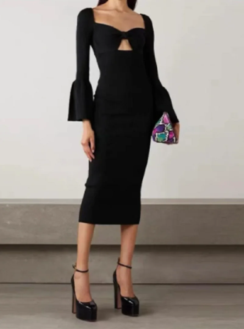 

Women Midi Dress Hollow Out Flare Sleeve Bow Slim Party Robe