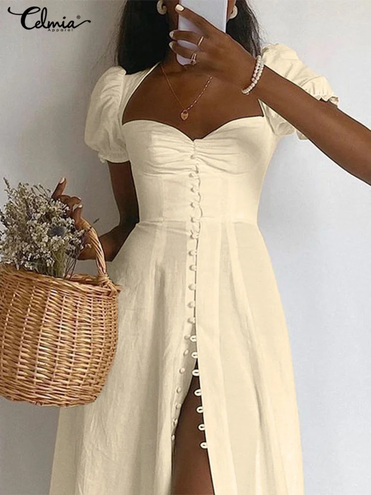 

Vintage Short Puff Sleeve Pleated A-line Sundress Celmia Women Elegant Heart Neck Long Dress Fashion 2022 Single-breasted Robes