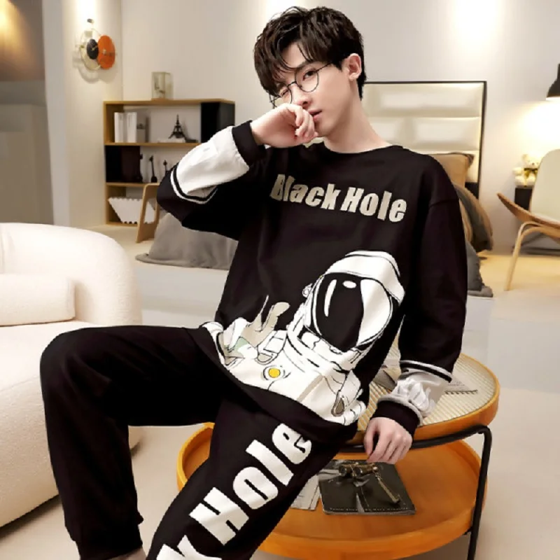 

Мужские пижамы в студенческом стиле, хлопковые пижамы для влюбленных и спящих, с длинным рукавом, для пар, с мультяшным рисунком, модель 7, до...