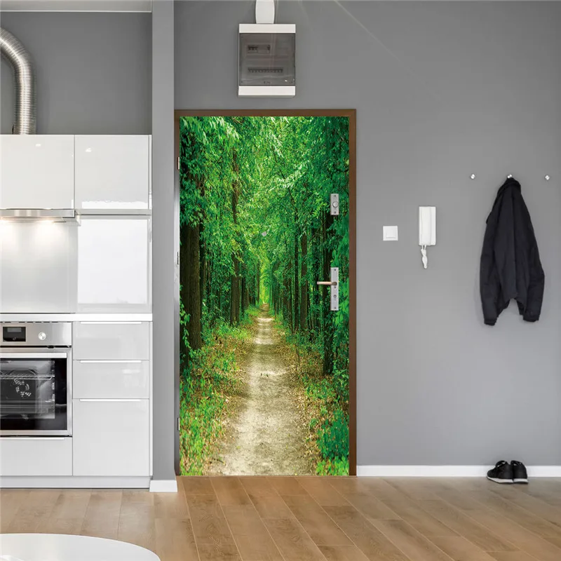 Imitation 3D Door Stickers Green Forest Path Simple Life Design Wallpaper For Door Natural Landscape Eco-friendly Home Decor PVC