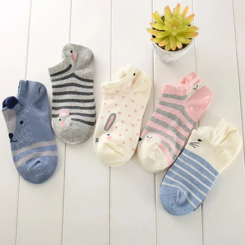5 Pairs Women Ankle Socks Lovely Funny Cartoon Stereoscopic Animals Ear Plush Boat Sock Comfort Women Cute Girls Art Socks Meias