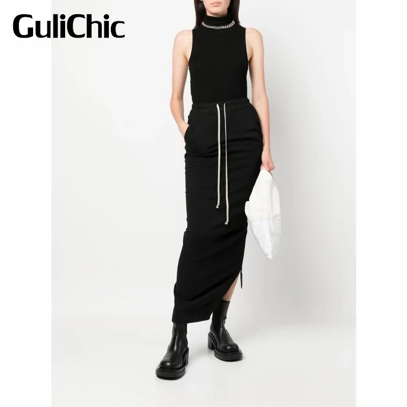 

2.5 GuliChic Women High Street Casual Solid Color Drawstring Back Split Package Hip Slim Maxi Skirt