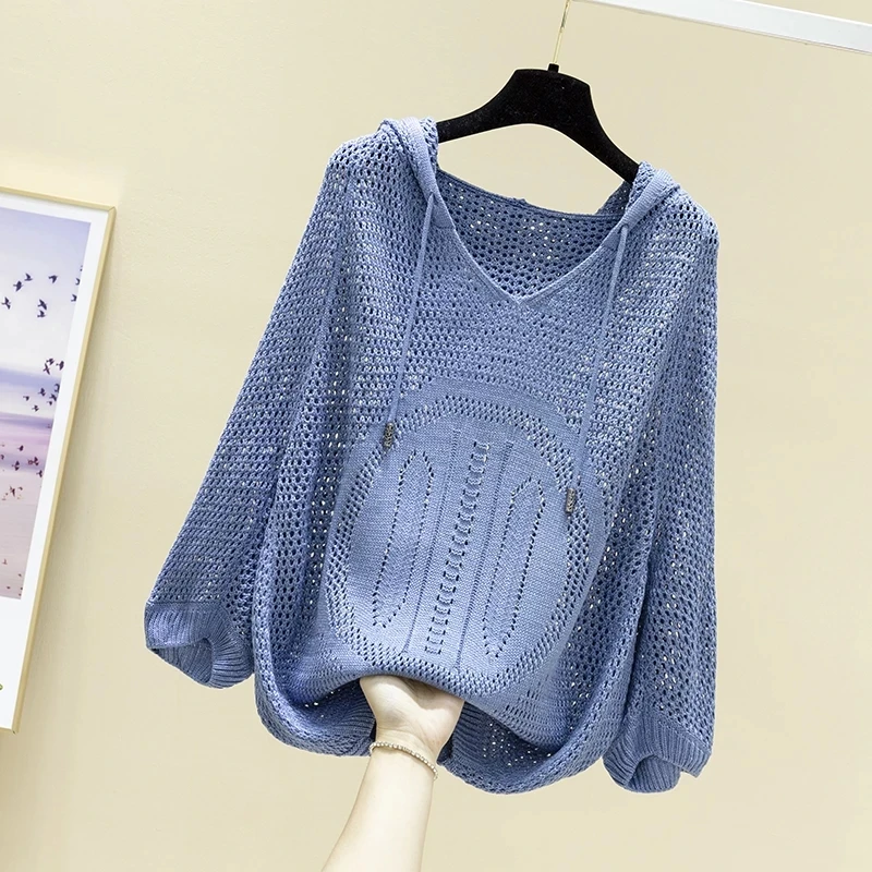 

Early spring hooded top with hollow out medium sleeve women's thin knitted shirt loose new fashion smock in spring 2022