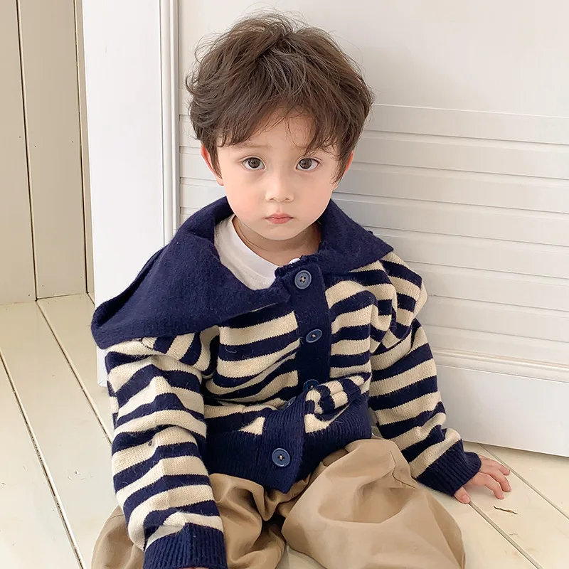 

Autumn Winter Preppy style stripe knitted cardigans Children fashion loose turn-down collar knitwears