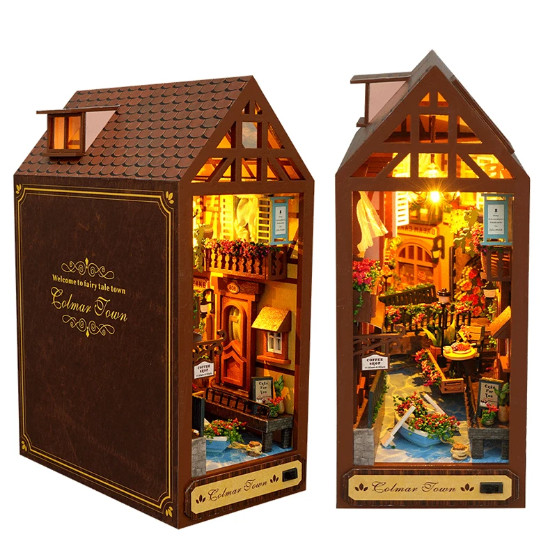 

DIY Wooden Book Nook Miniature Building Kit Fairy Tale Town Bookends Shelf Insert Dollhouse Bookshelf Toys for Girls Xmas Gifts