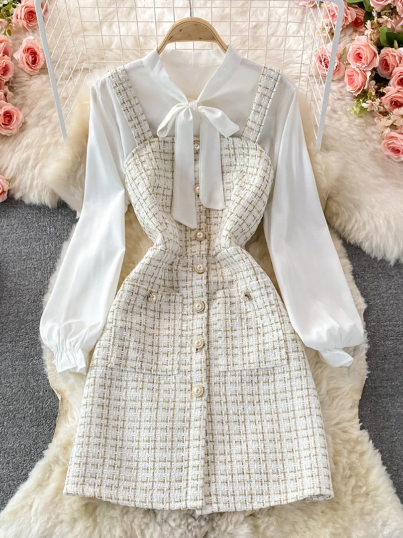 

Women Two Piece Set 2022 Korean Fashion Bowtied Collar White Blouse And Spaghetti Strap Single Breasted Mini Tweed Dress Suits
