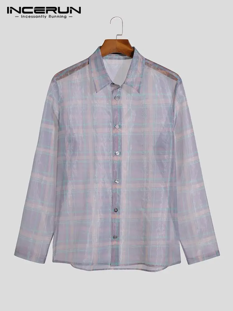 American Style New Men Fashion See-through Plaid Blouse Casual Streetwear Male Long-sleeved Lapel Shirts S-5XL INCERUN Tops 2022