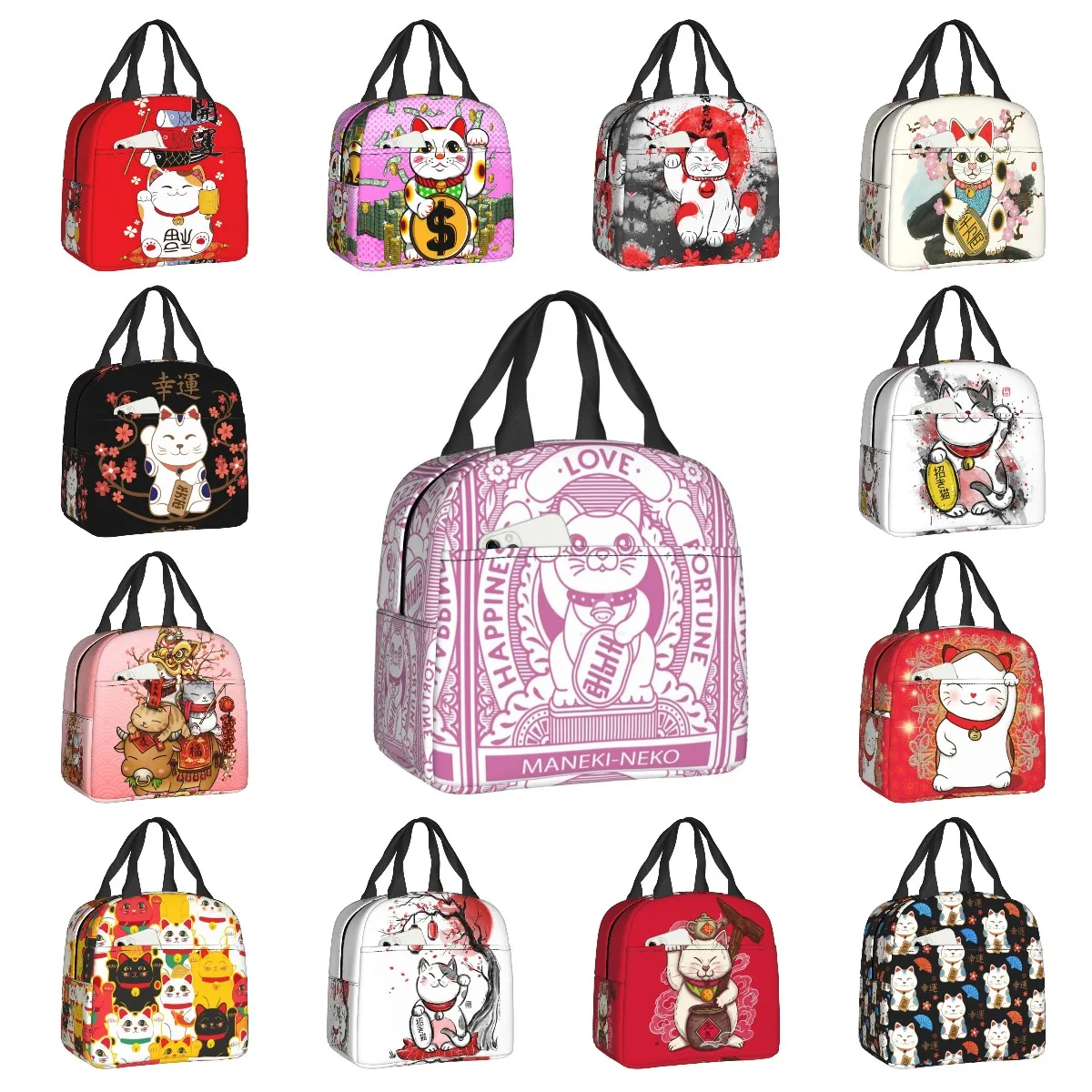 

Maneki Neko Insulated Lunch Bag for Women Portable Lucky Fortune Cat Thermal Cooler Bento Box Beach Camping Travel