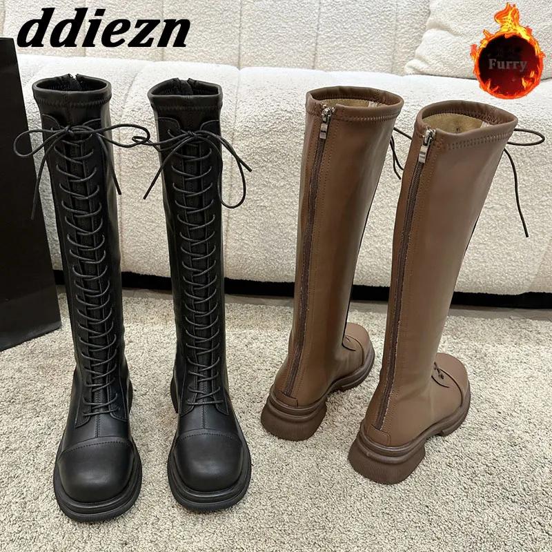 

Женские теплые сапоги до колена, Модные Современные Сапоги на низком каблуке со шнуровкой, на молнии, с круглым носком, меховая обувь, Осень-...