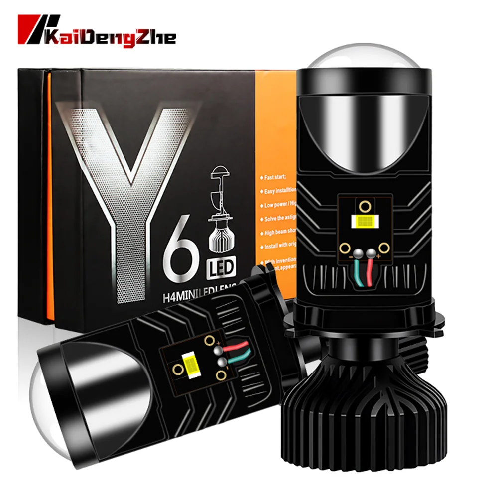 Y6D H4 LED Headlight Kit Lamp Mini Projector Lens with Fan Cooling 76W/Pair Automobile Hi/Lo Beam Bulb 12V 6000K RHD LHD