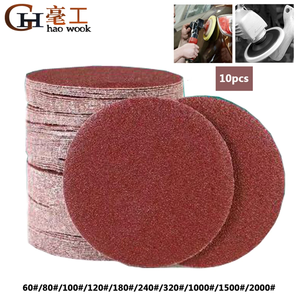 

10PCS 5 Inch 125MM Aluminum Oxide Dry Sandpaper Sanding Discs Hook Loop For Stone Round Red Disk Sand Sheets Disc Self Adhesive