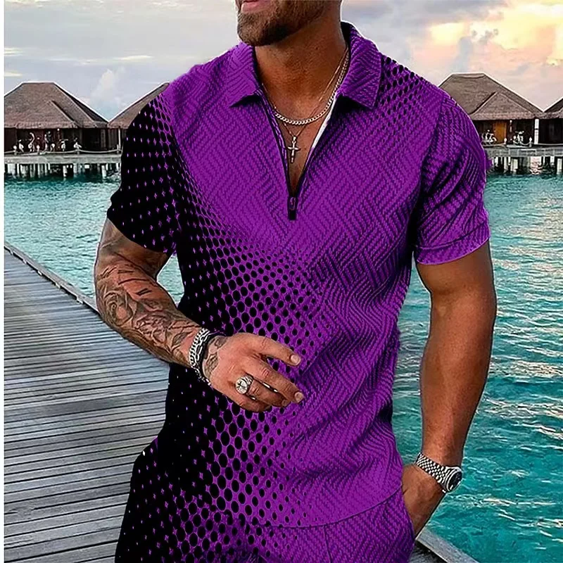 

2022 Summer Gradient Ramp Casual Short Sleeve Polo Shirts Patchwork Turn-down Collar Zipper Men Street Clothes S-3XL