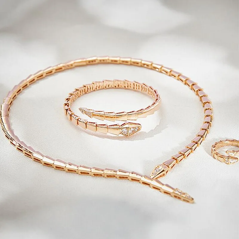 

Designer Luxury Dinner Jewelry Sets Women Lady Inlay Cubic Zircon Snake Snakelike Narrow Collar Necklace Bangle Bracelet Ring