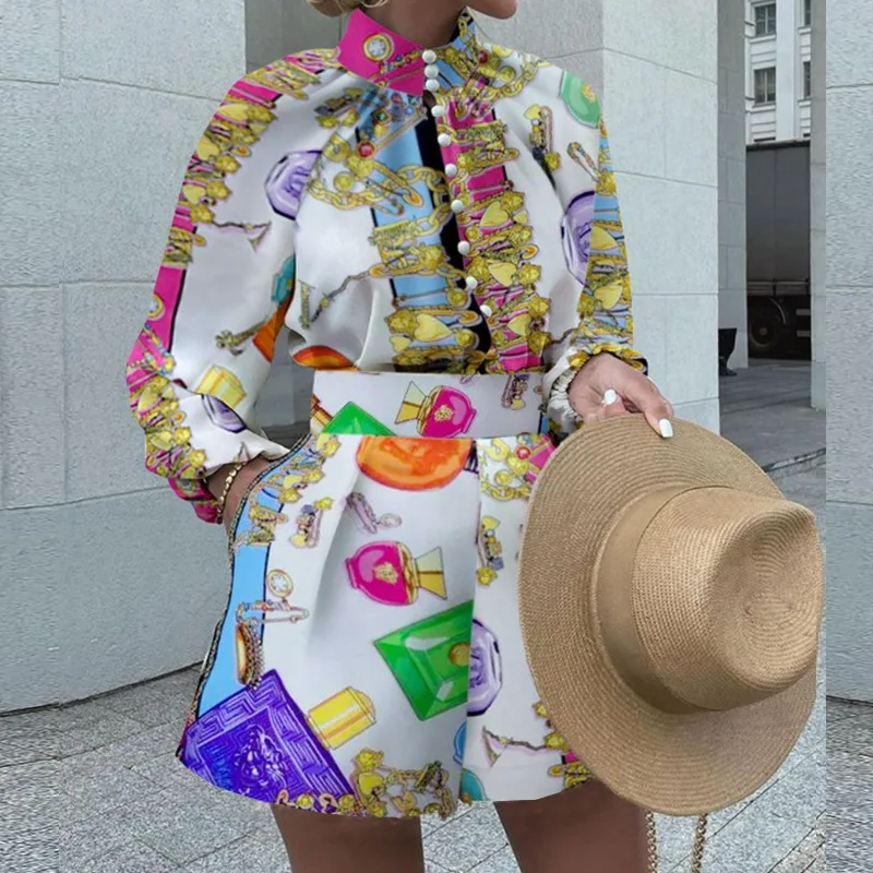 

Women Elegant 2 Pieces Sets Floral Print Stand Collar Button Long Sleeve Top and Shorts Suits Office Lady Vintage Blouse Outfits