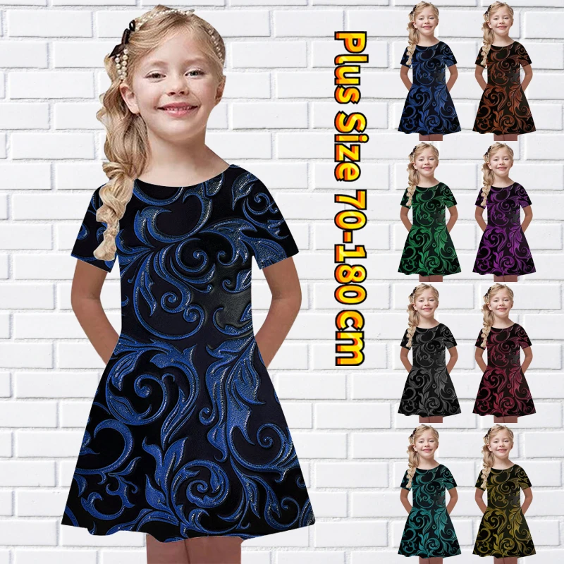 

2023 Spring Autumn New Design Printing Loose Size Short Sleeve Skirt Girl Round Neck Knee-length Skirt Casual Princess Dress